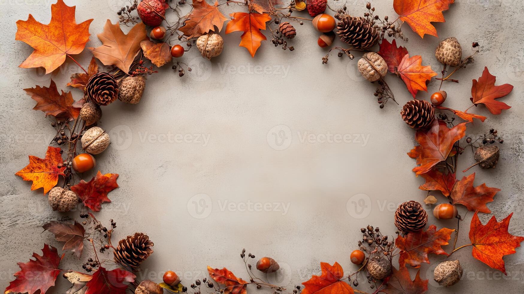 Autumn Fall Leaves Frame Background with Pine Cones Nuts and Acorns photo