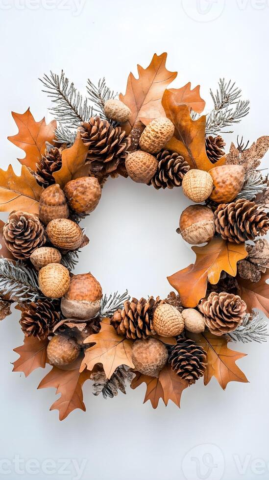 Autumn Wreath with Pinecones Acorns and Oak Leaves photo