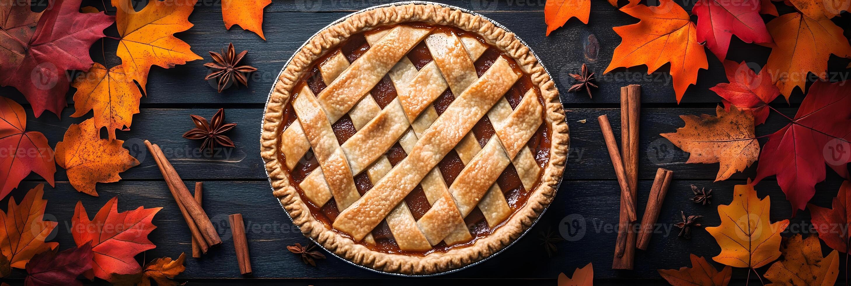 Homemade Pumpkin Pie with Autumn Leaves and Spices on Rustic Wooden Table photo