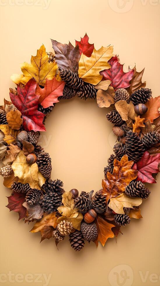 Autumn Wreath with Pine Cones and Fall Leaves on Beige Background photo