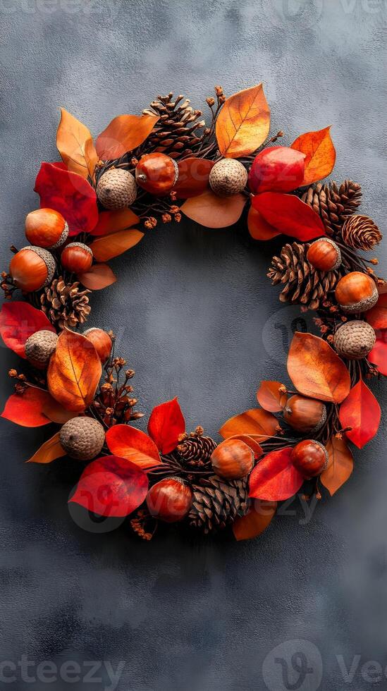 Autumn Wreath with Pine Cones Acorns and Leaves on Gray Background photo