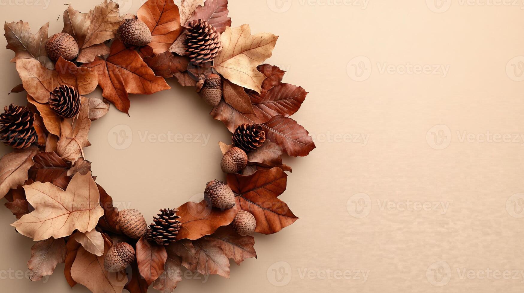 Autumn Wreath with Dried Leaves Pinecones and Acorns on Beige Background photo