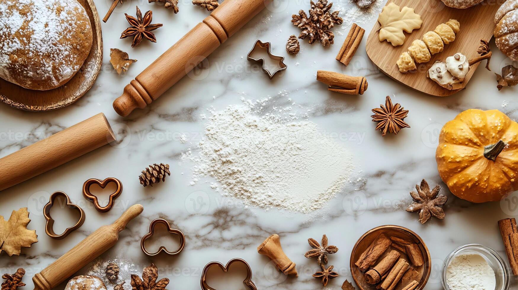 Autumn Baking Flat Lay with Flour Rolling Pins and Spices on Marble Background photo