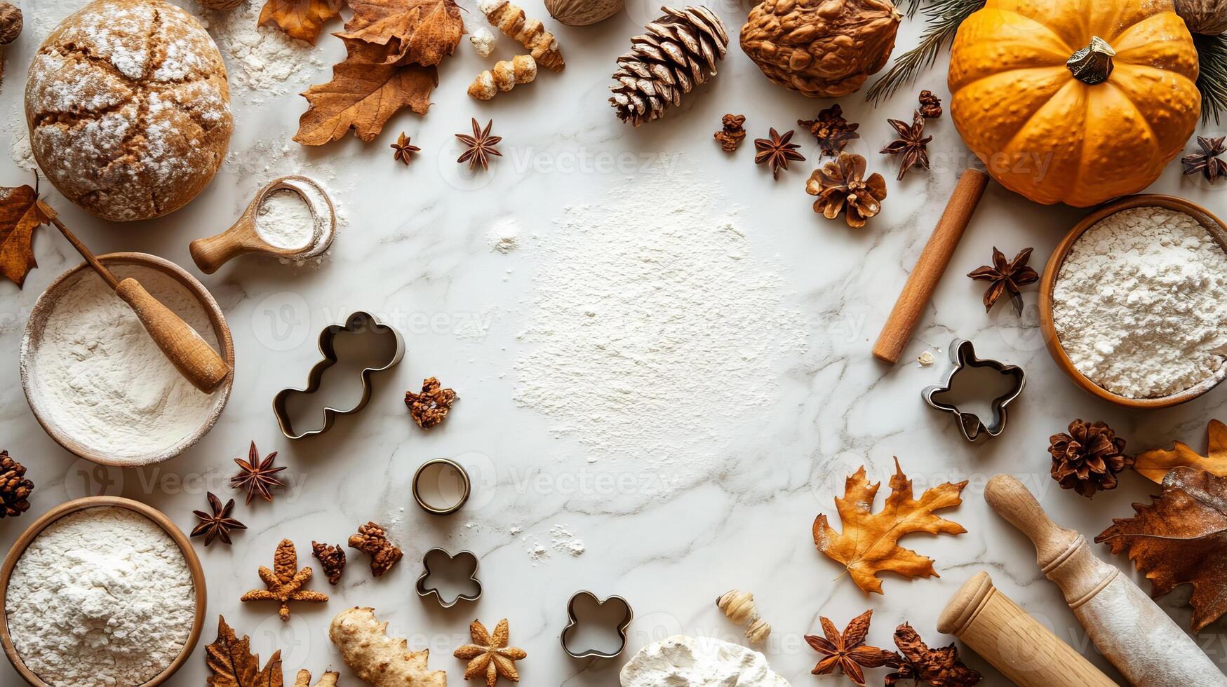 Autumn Baking Flat Lay with Flour Rolling Pin and Cookie Cutters photo