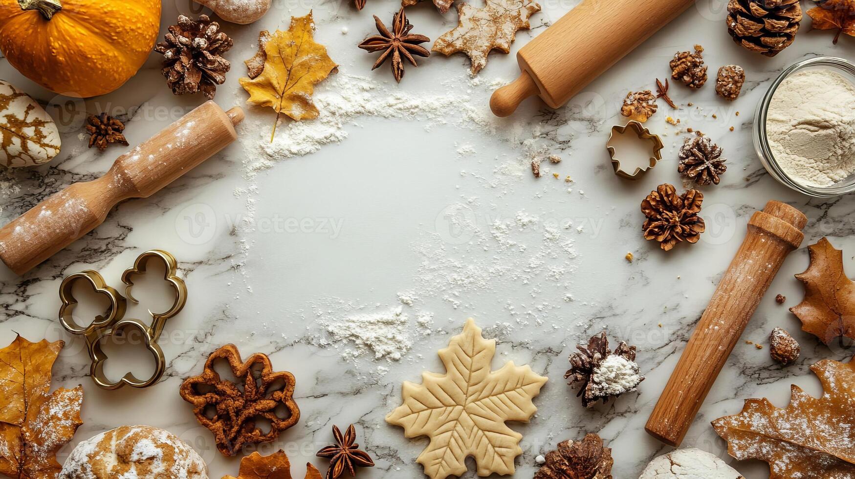 Autumn Baking Background with Rolling Pin Flour and Leaves photo