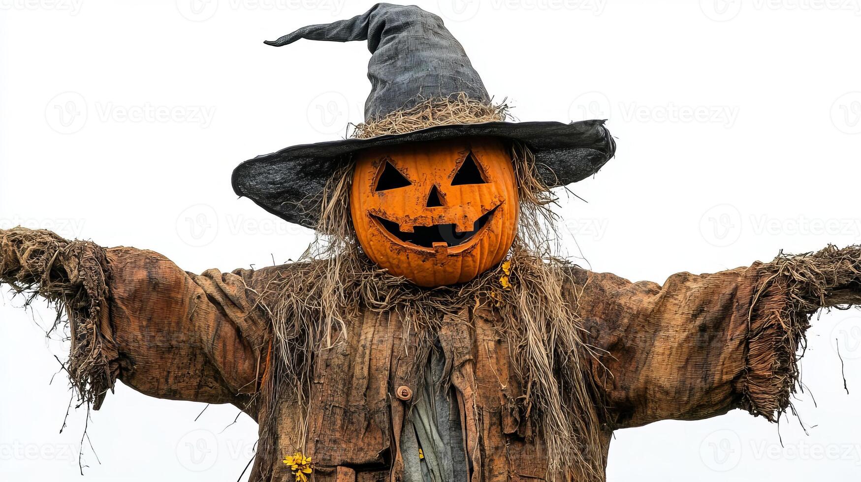 Halloween Scarecrow with Pumpkin Head and Witch Hat photo