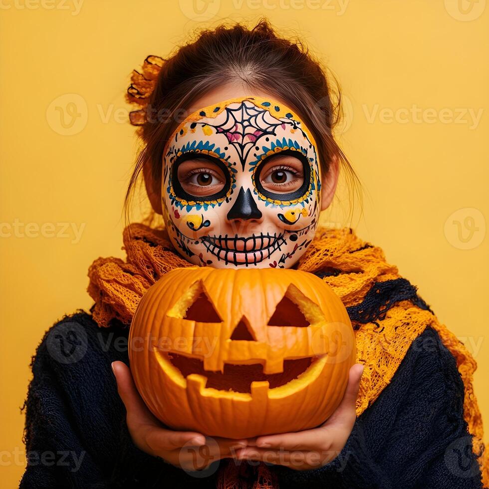 Halloween Girl with Sugar Skull Makeup and Carved Pumpkin photo