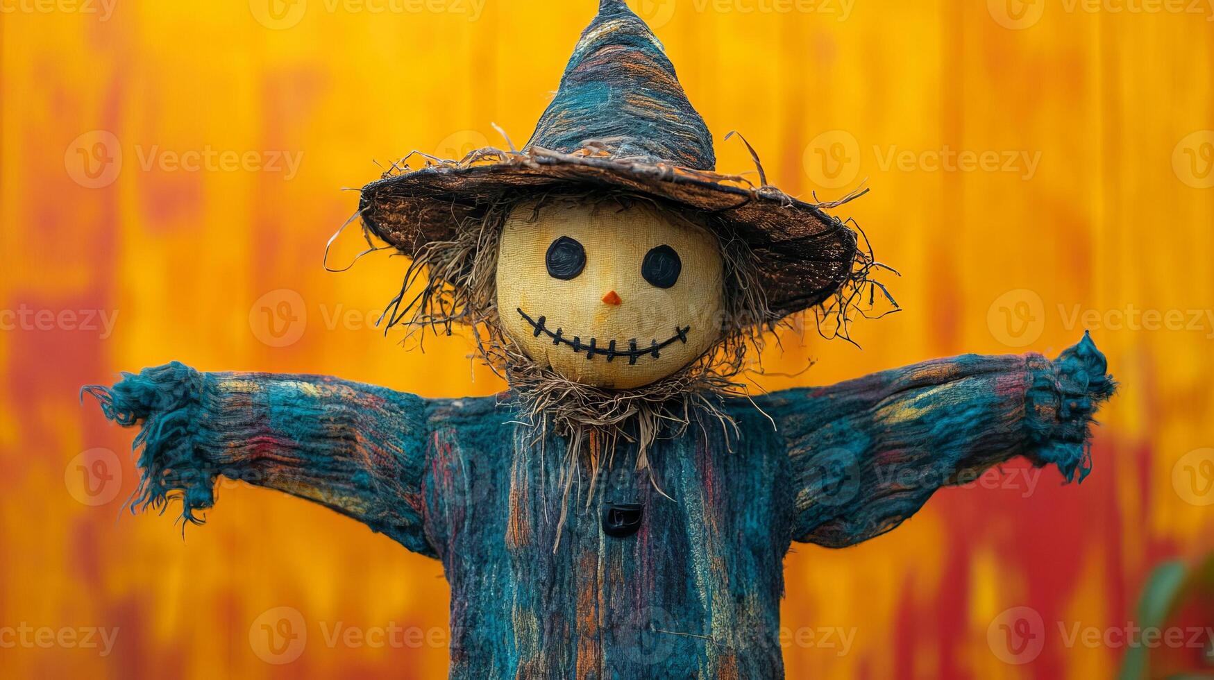Scarecrow with Hat and Stitched Mouth Against Yellow Background photo