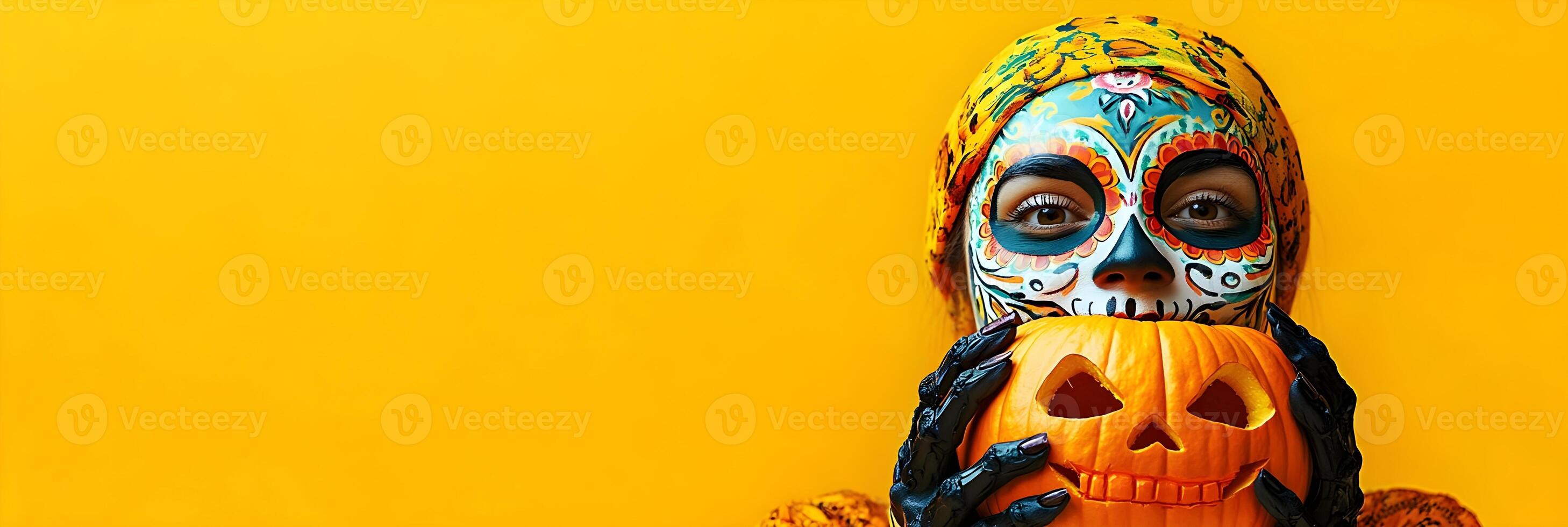 Woman in Sugar Skull Makeup Holding a Jack o Lantern photo