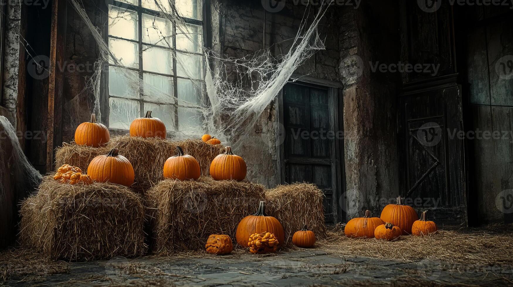 Autumn Pumpkin Display with Hay Bales and Cobwebs photo