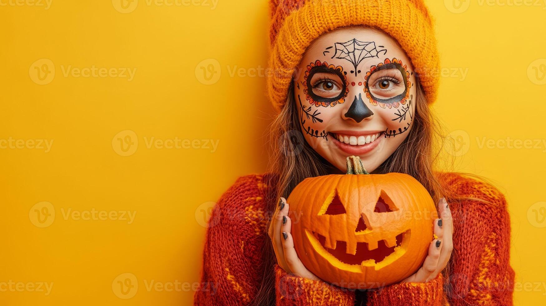 Happy Halloween Woman with Pumpkin and Sugar Skull Makeup photo