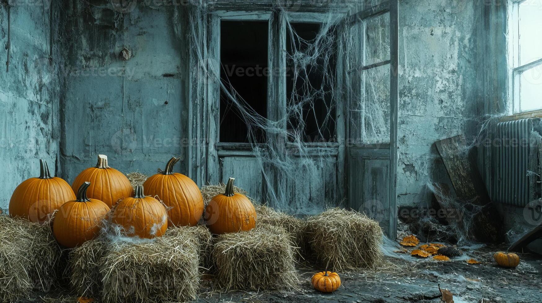 Spooky Abandoned Building With Pumpkins and Cobwebs photo