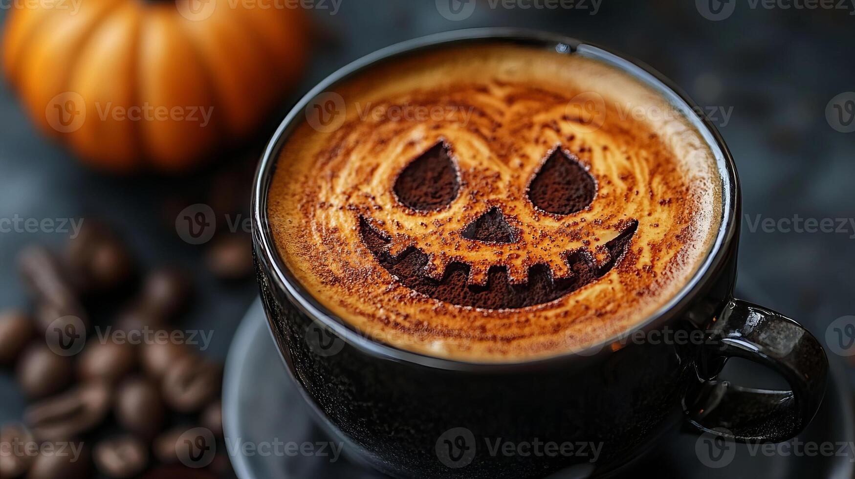 Halloween Pumpkin Spice Latte Coffee Cup with Coffee Beans photo
