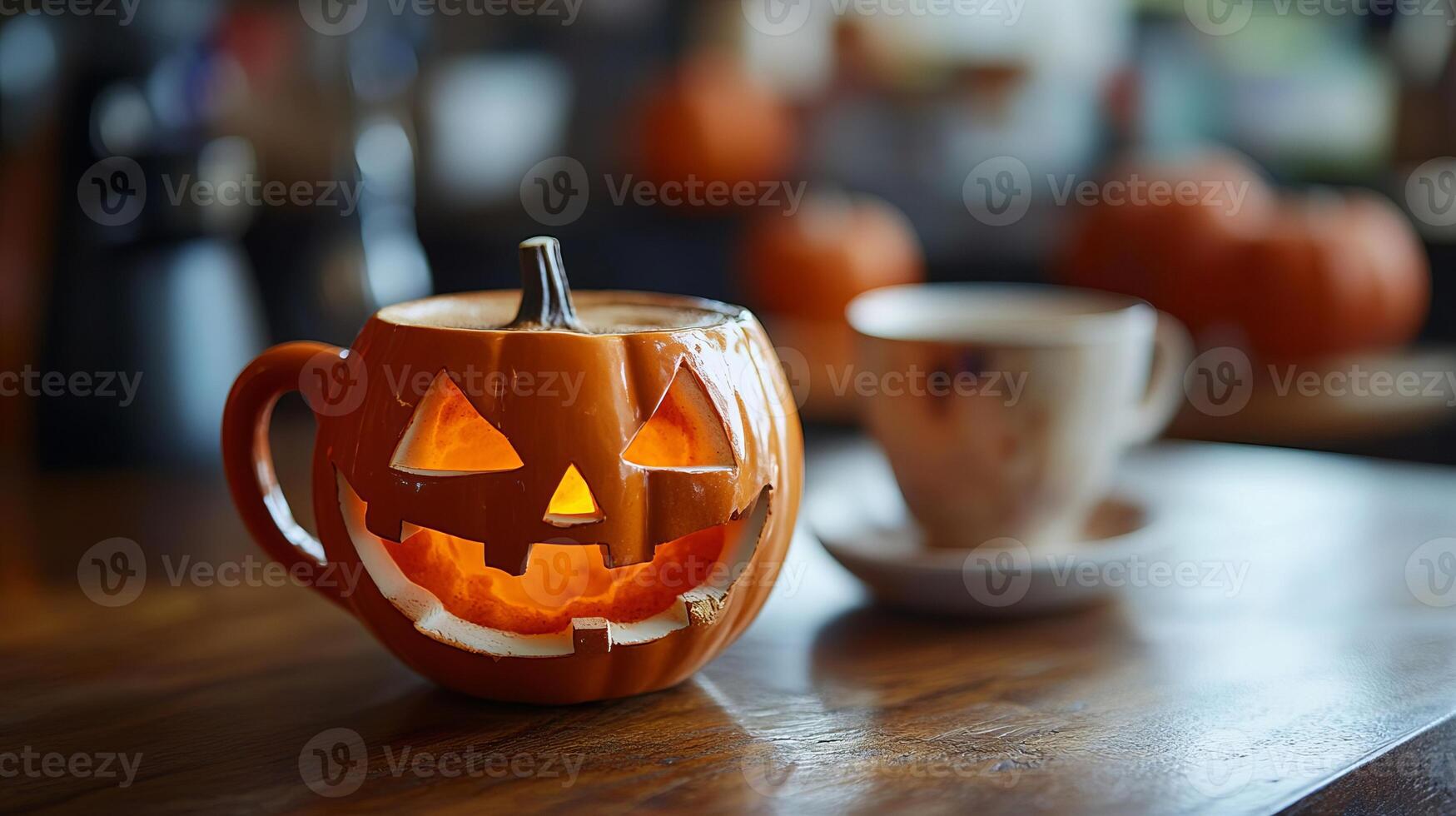 Illuminated Pumpkin Mug on Wooden Table with Coffee Cup photo