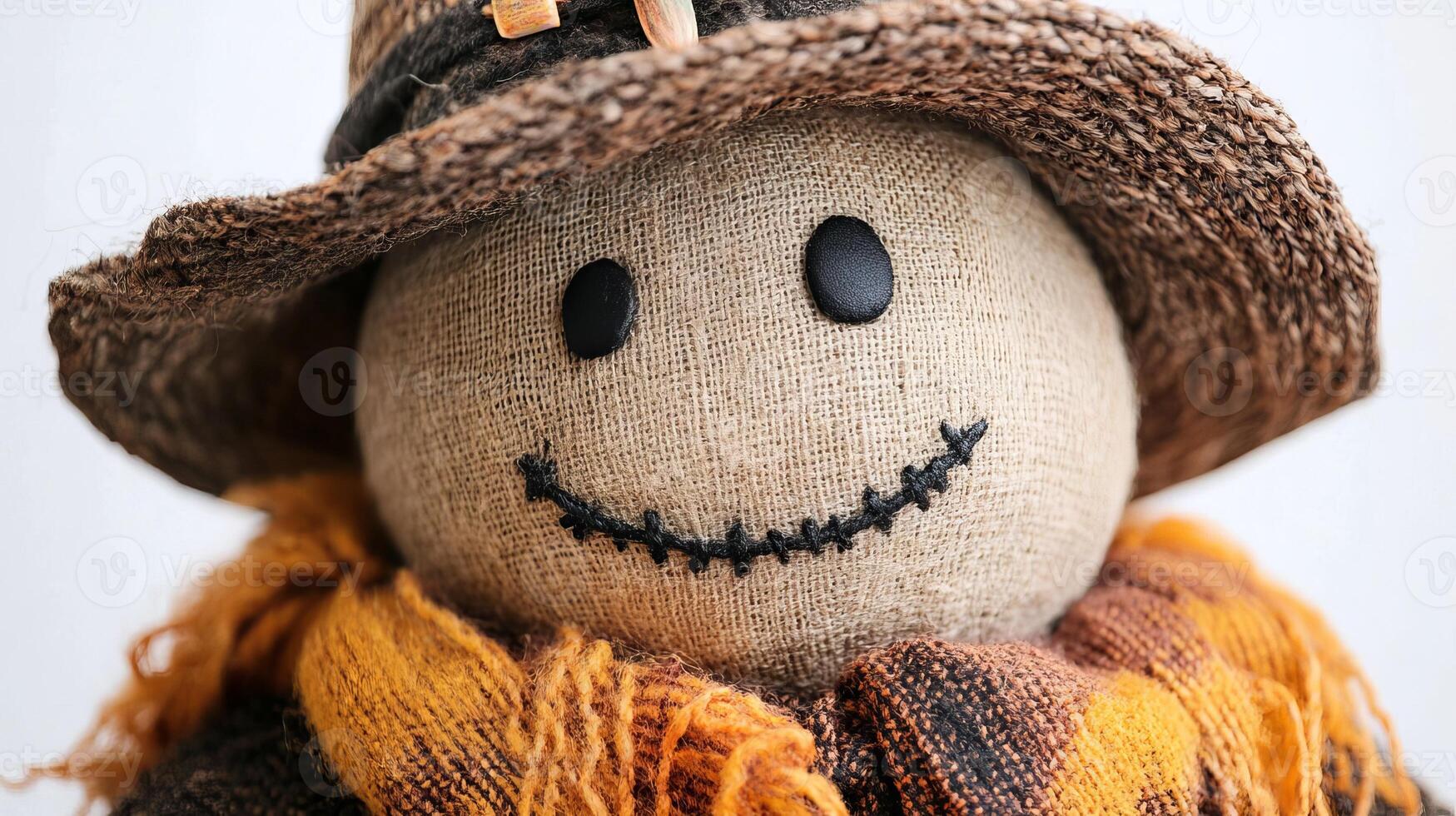 Closeup of a Smiling Scarecrow Face Made of Burlap and Straw photo