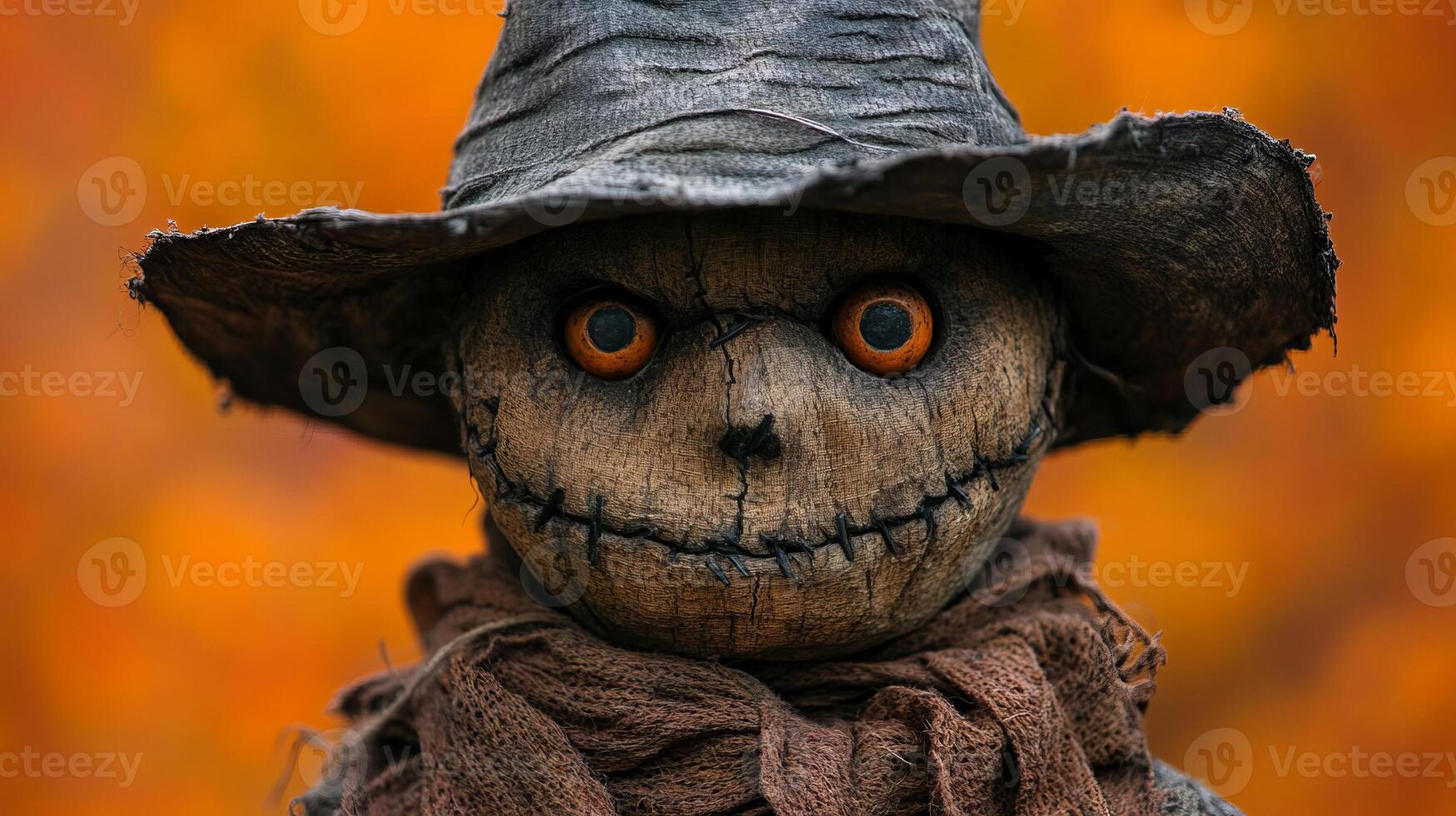 Creepy Scarecrow with Orange Eyes and Hat in Autumn photo