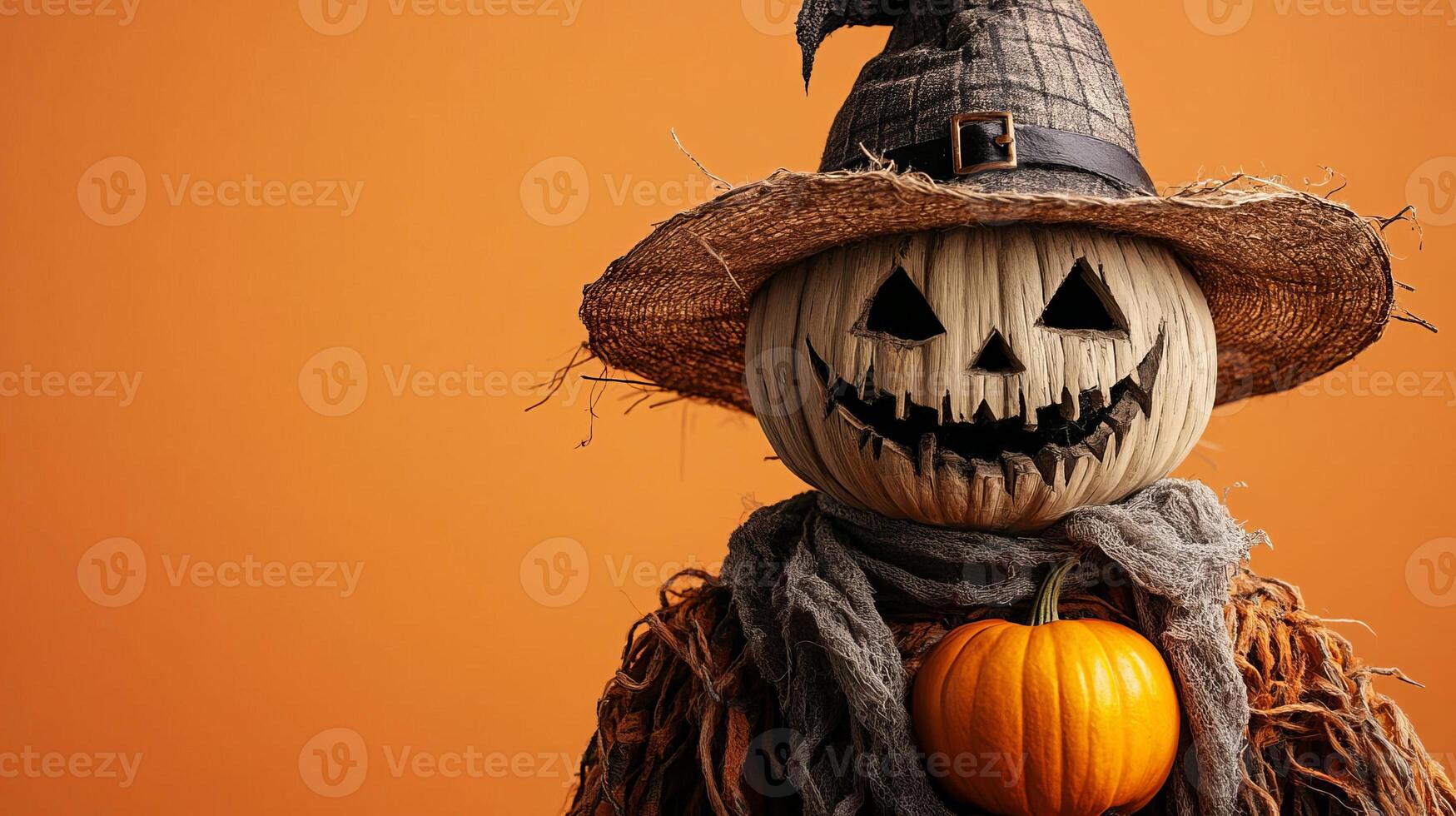 Scary Halloween Scarecrow with Pumpkin on Orange Background photo