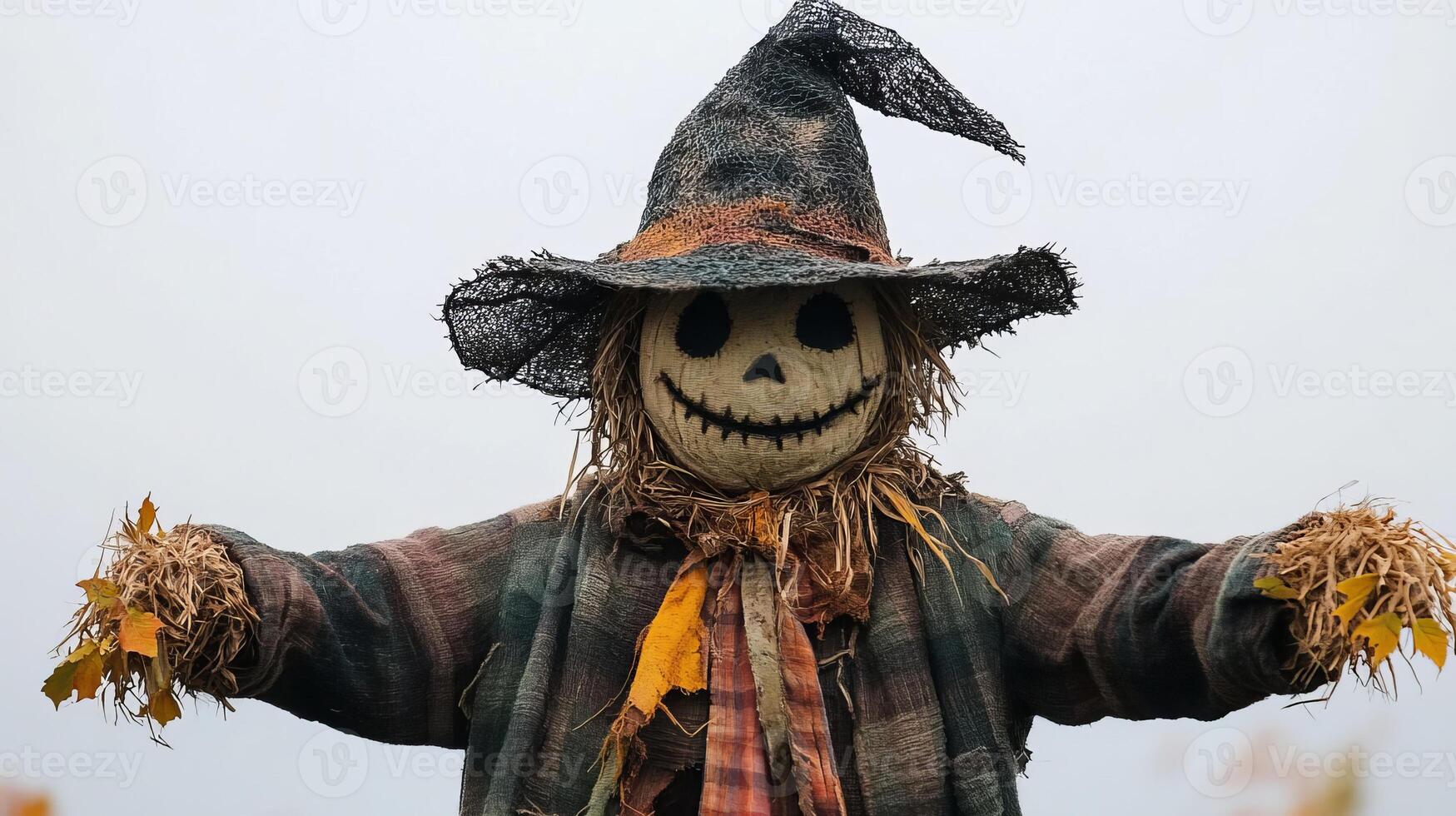 Scary Halloween Scarecrow With Witch Hat And Grin photo