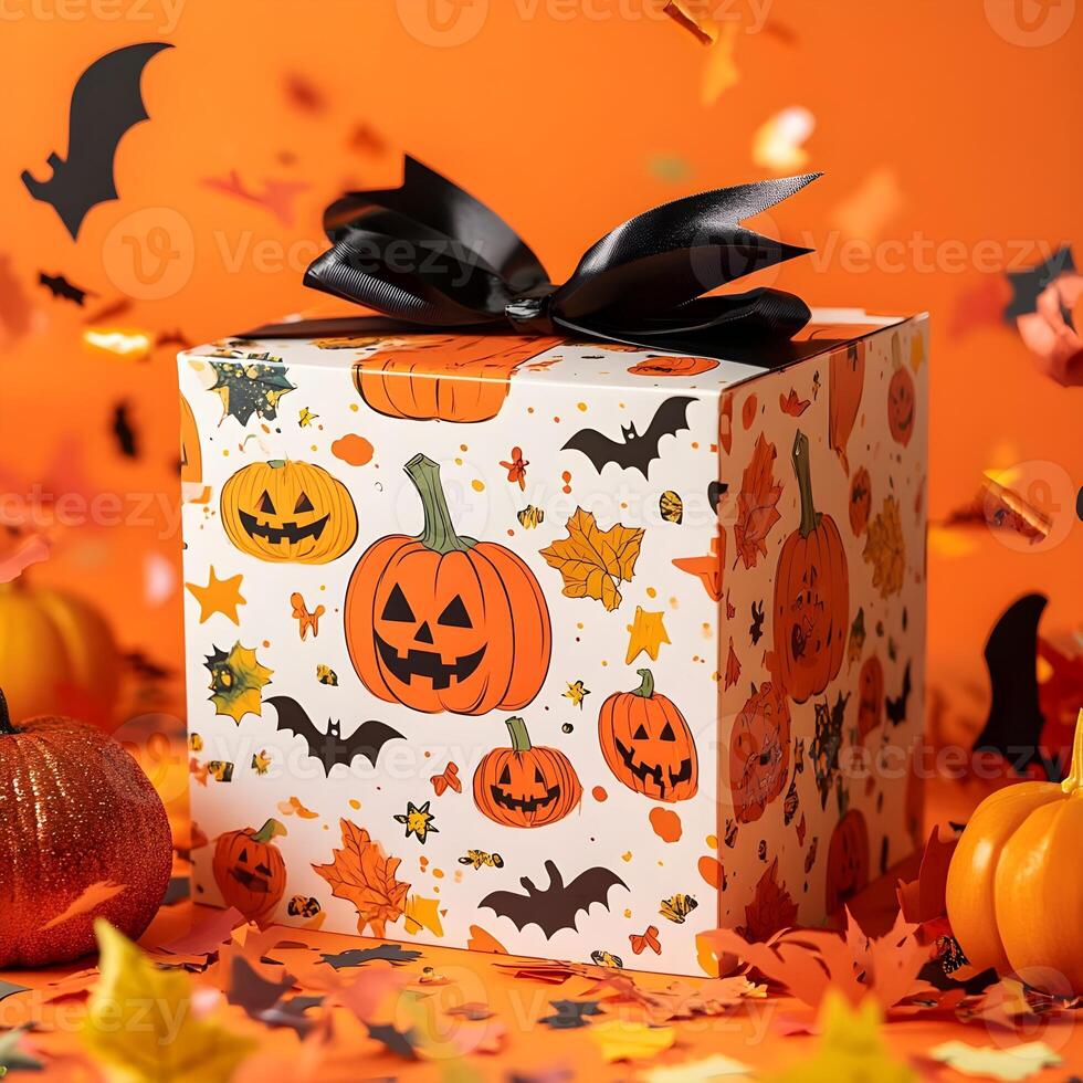 Halloween Gift Box with Jack O Lantern Design and Confetti photo