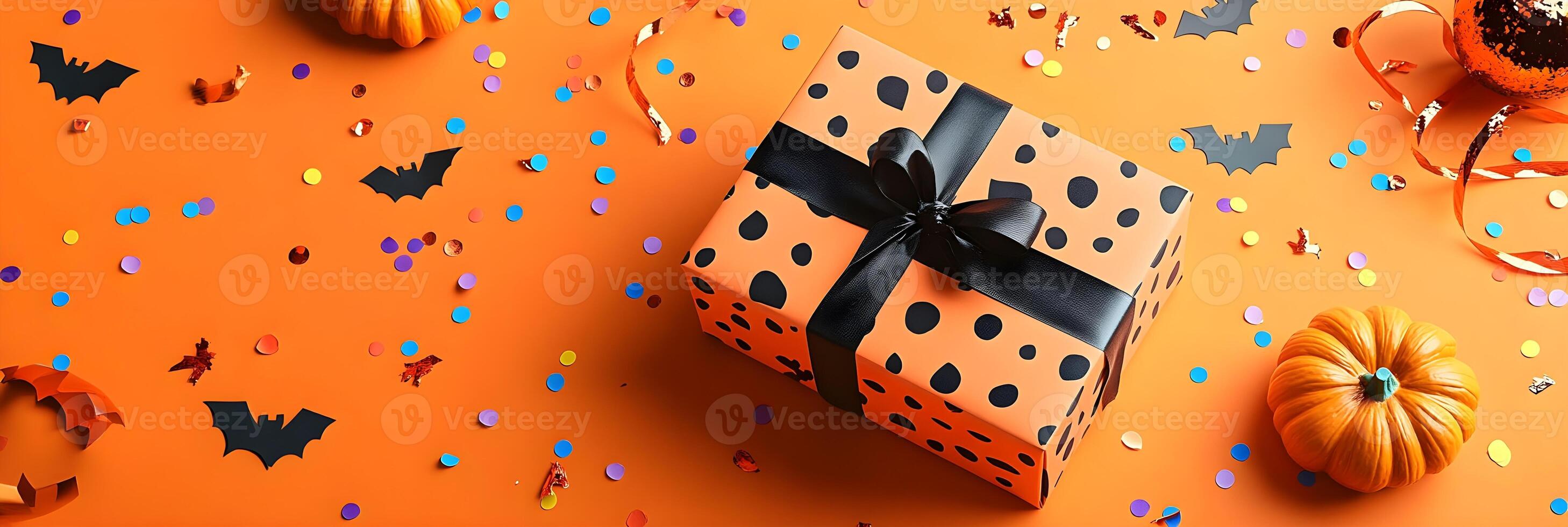 Halloween Gift Box with Pumpkins Bats and Confetti photo