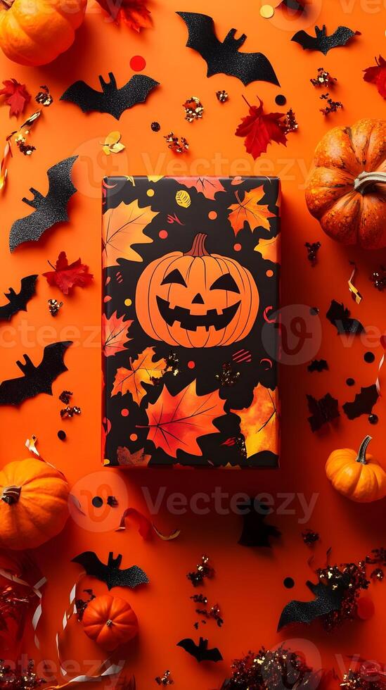 Halloween Gift Box with Pumpkins Bats and Fall Leaves photo