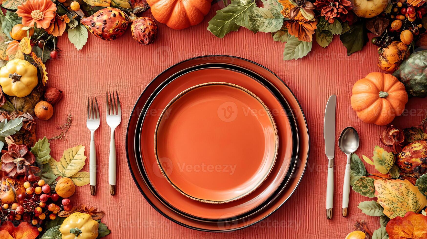 Autumnal Table Setting with Orange Plates Pumpkins and Fall Decorations photo