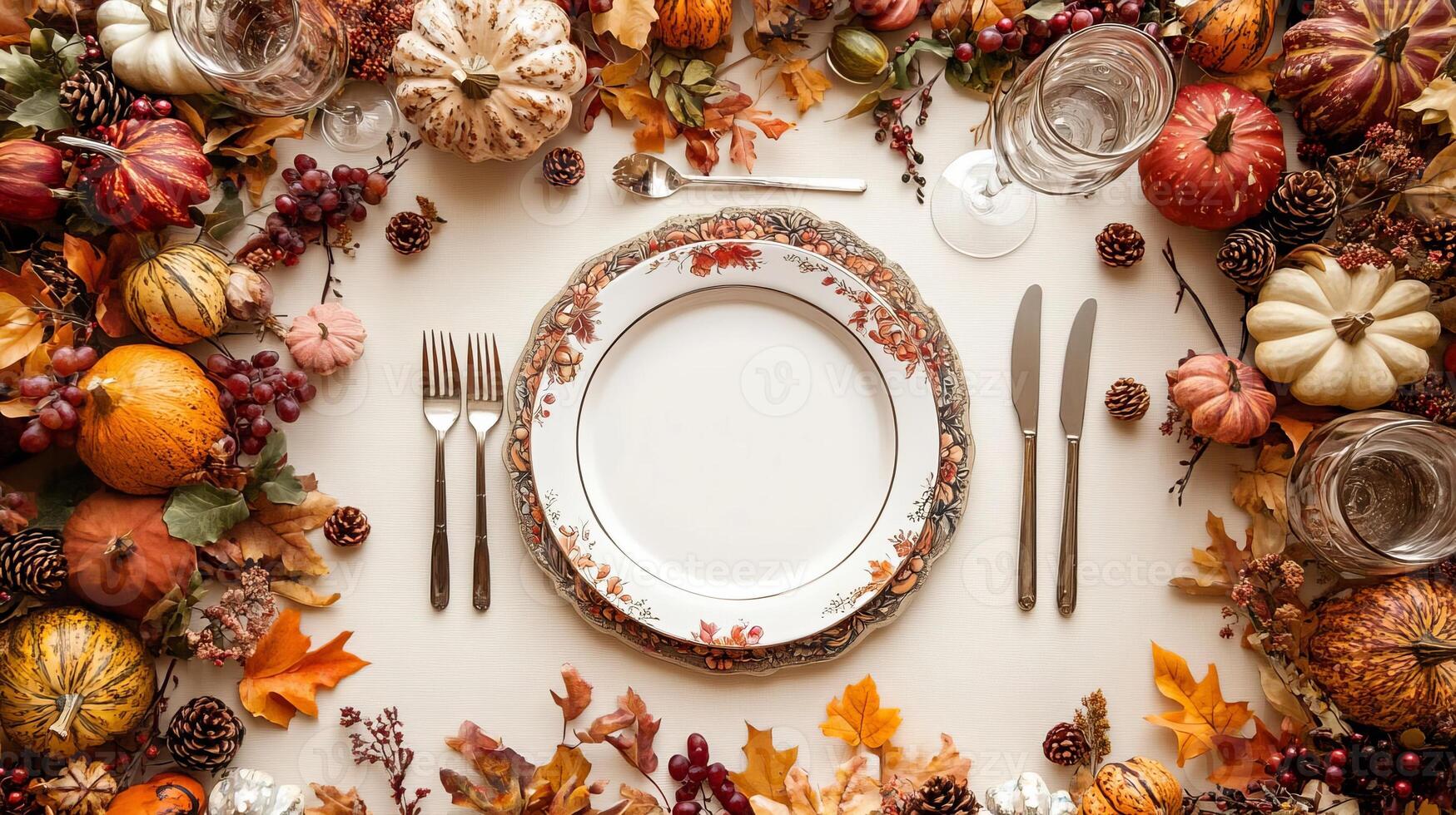 Autumn Table Setting with Pumpkins Leaves and Grapes photo
