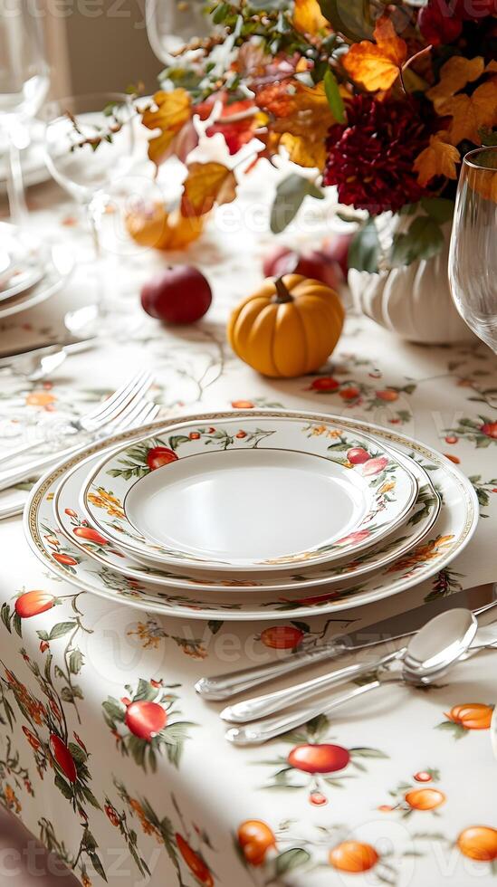 Elegant Autumn Table Setting with Plates Fork and Pumpkin photo