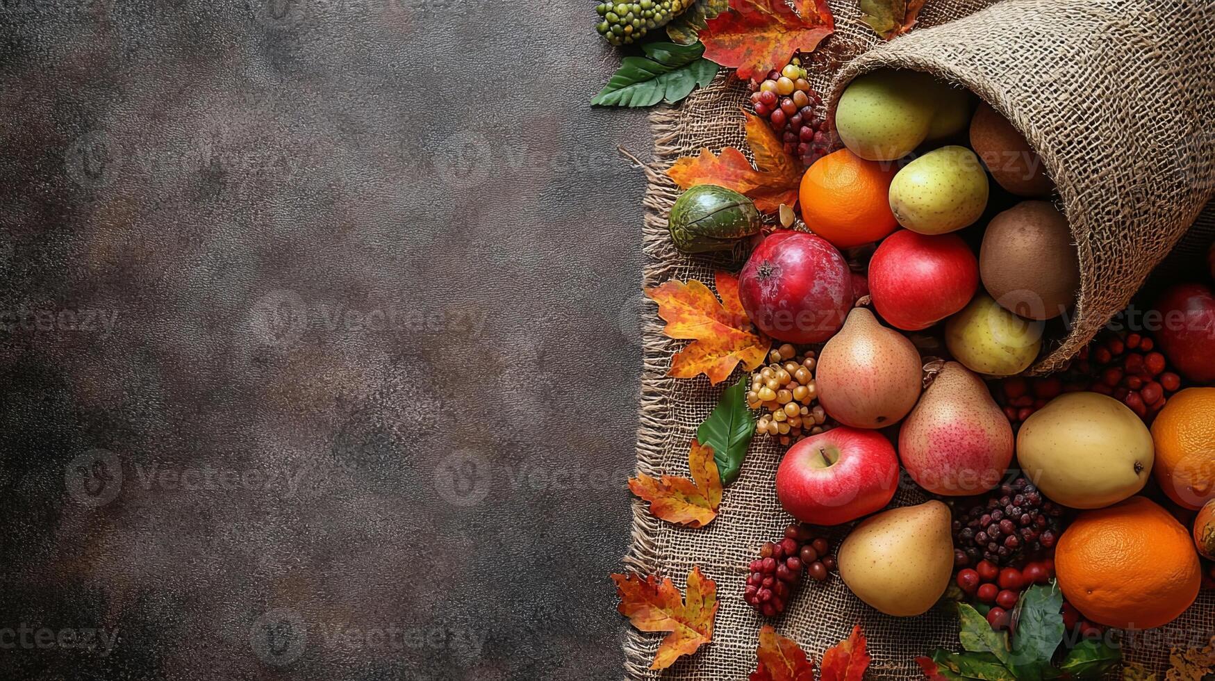 Autumn Fruits and Leaves in a Burlap Bag on Rustic Background photo