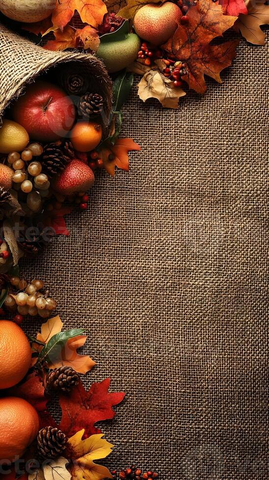 Autumnal Harvest Fall Fruits Leaves and Pine Cones on Burlap Background photo