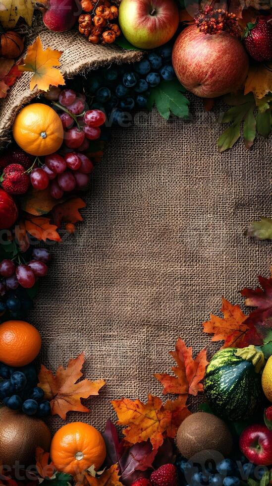 Autumn Harvest Border with Fruits and Leaves on Burlap photo
