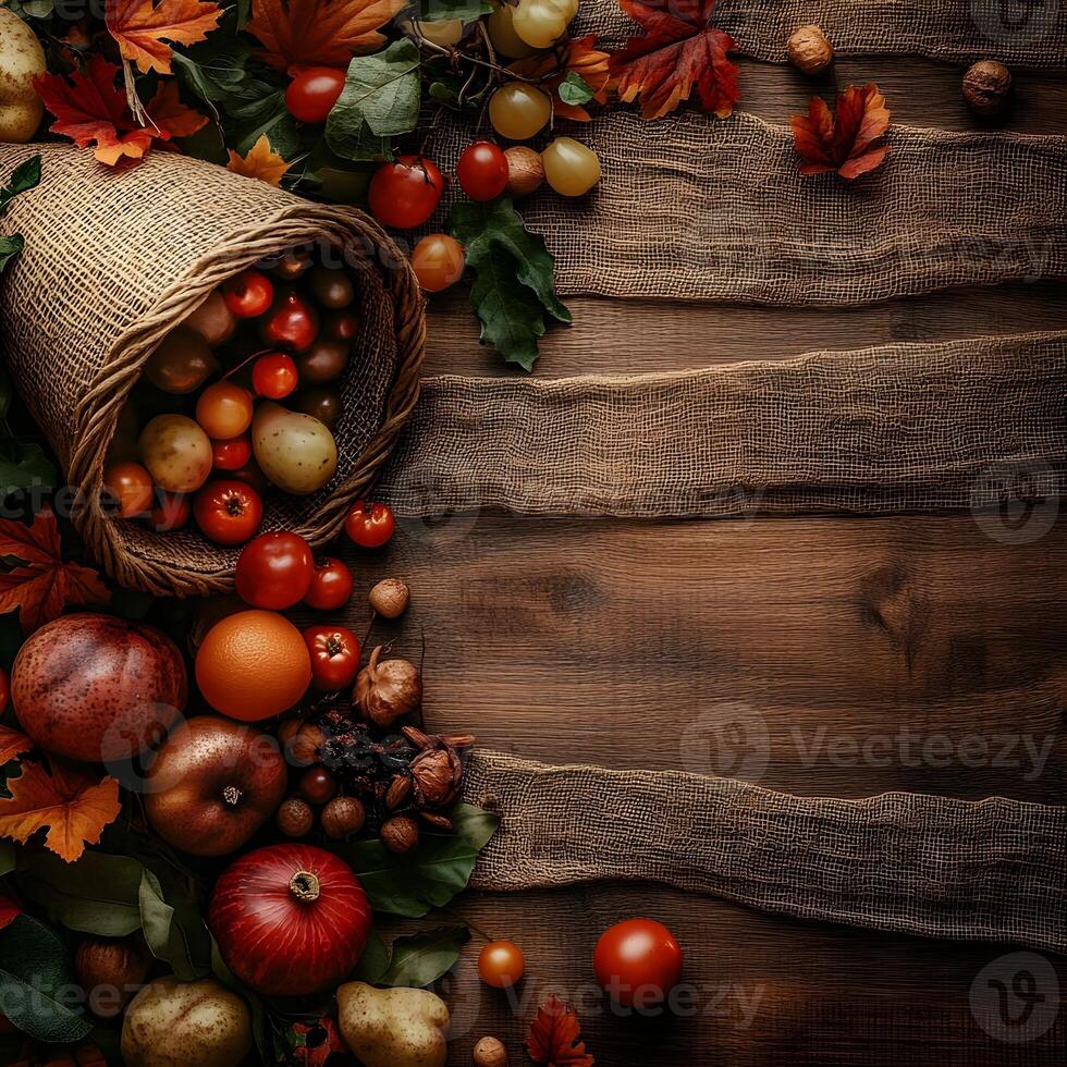 Autumn Harvest on Rustic Wooden Background with Copy Space photo
