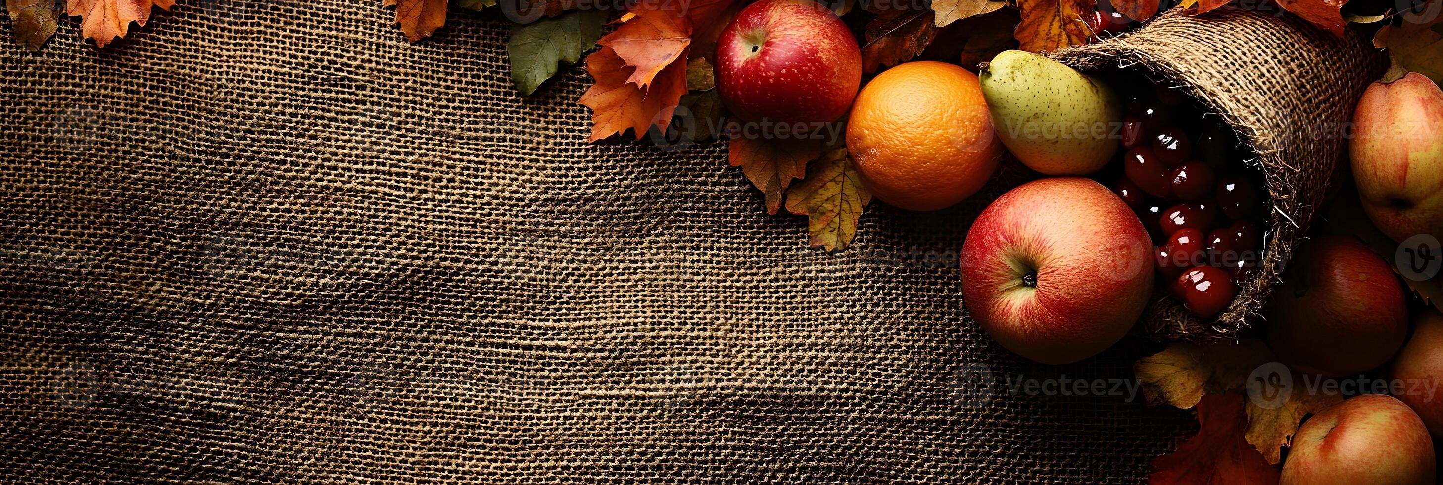Autumnal Harvest with Apples Orange Pear and Cherries on Rustic Burlap Background photo