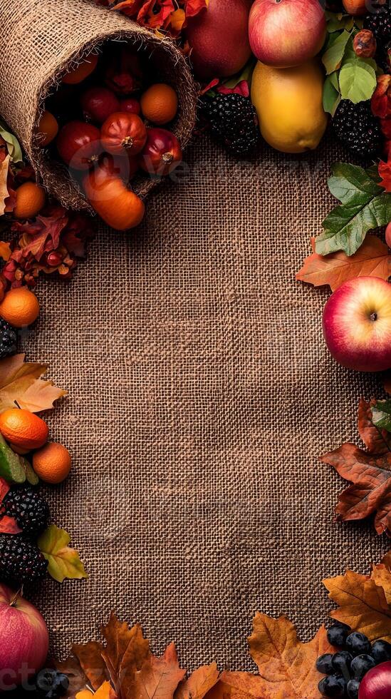 Fall Harvest Frame with Apples Berries and Leaves on Burlap photo