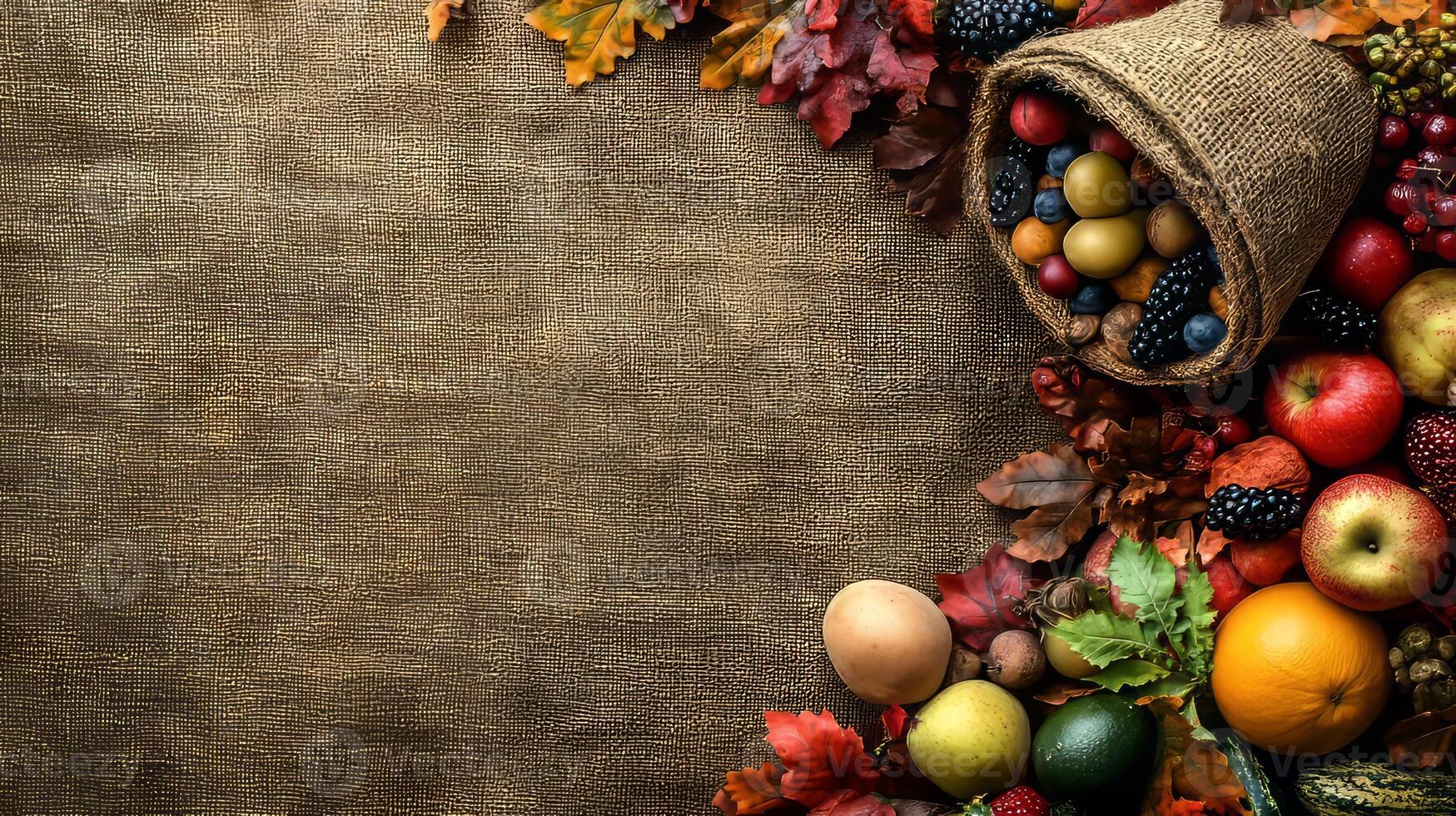Autumn Harvest Background with Fall Fruits and Berries on Burlap photo