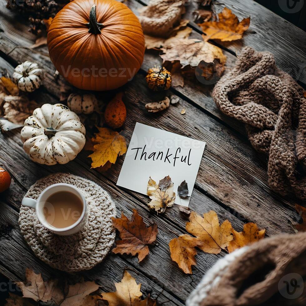 Autumn Cozy Thanksgiving Still Life with Pumpkins Leaves Coffee and Thankful Sign photo