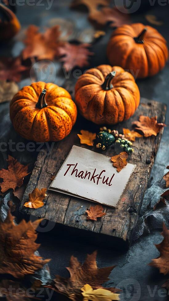 Autumn Pumpkins and Thankful Sign on Wooden Plank with Fall Leaves photo
