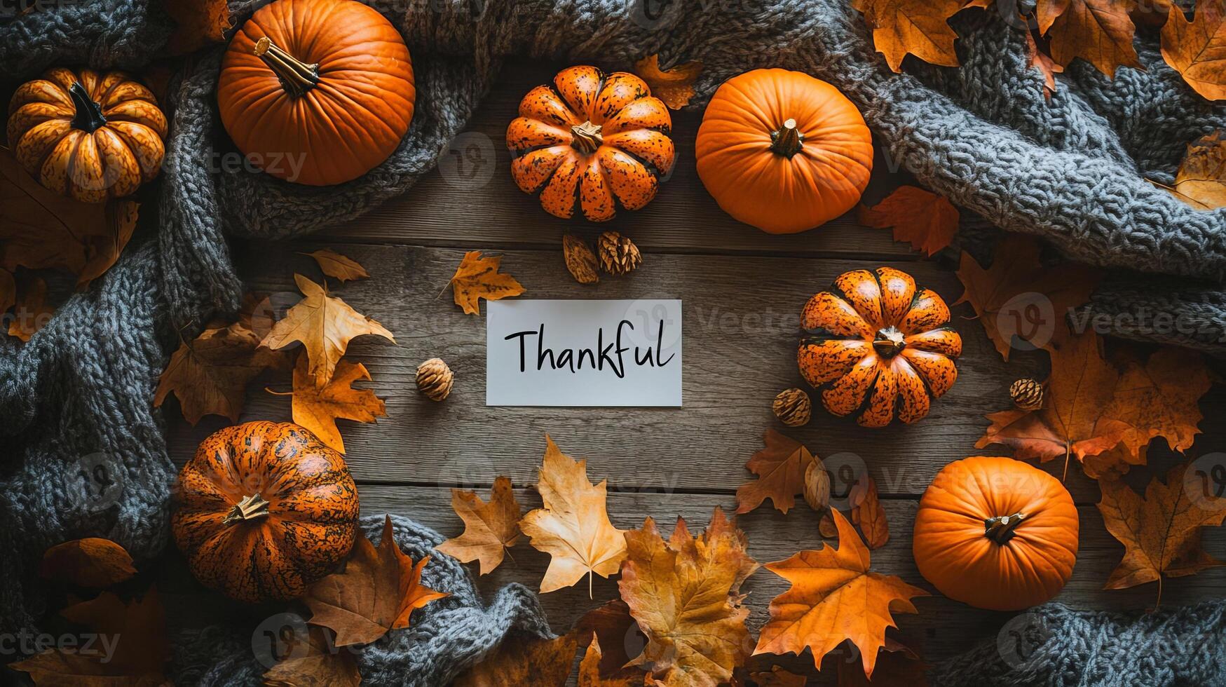 Autumn Leaves Pumpkins and Thankful Sign on Rustic Wooden Background photo