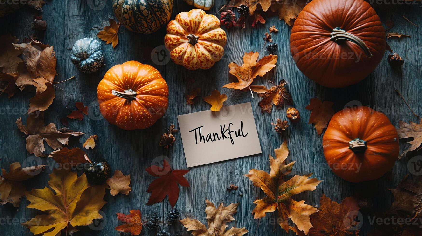 Autumn Pumpkins with Thankful Note and Fall Leaves photo