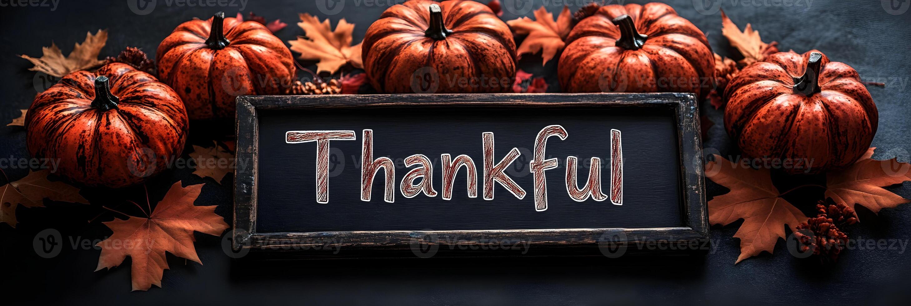 Thanksgiving Pumpkins with Chalkboard Sign Thankful photo