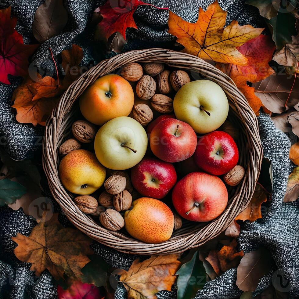 Autumn Harvest Apples Nuts and Fall Leaves in a Wicker Basket photo