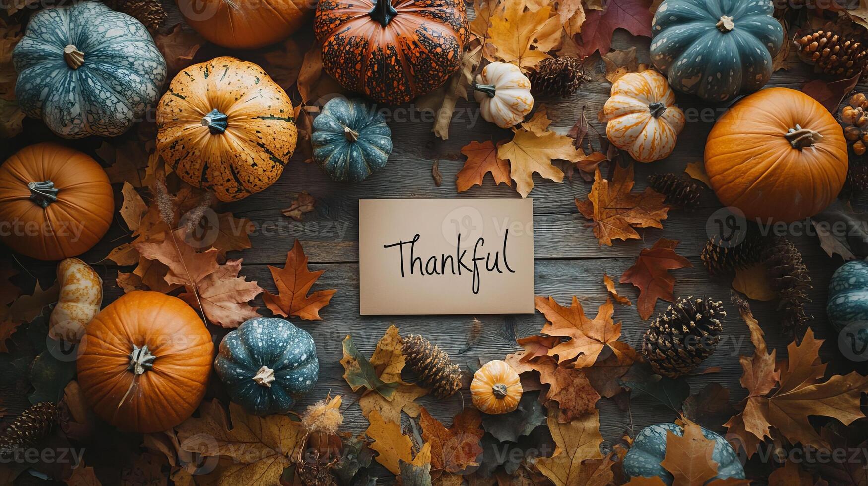 Autumn Thanksgiving Background with Pumpkins Leaves and Thankful Sign photo