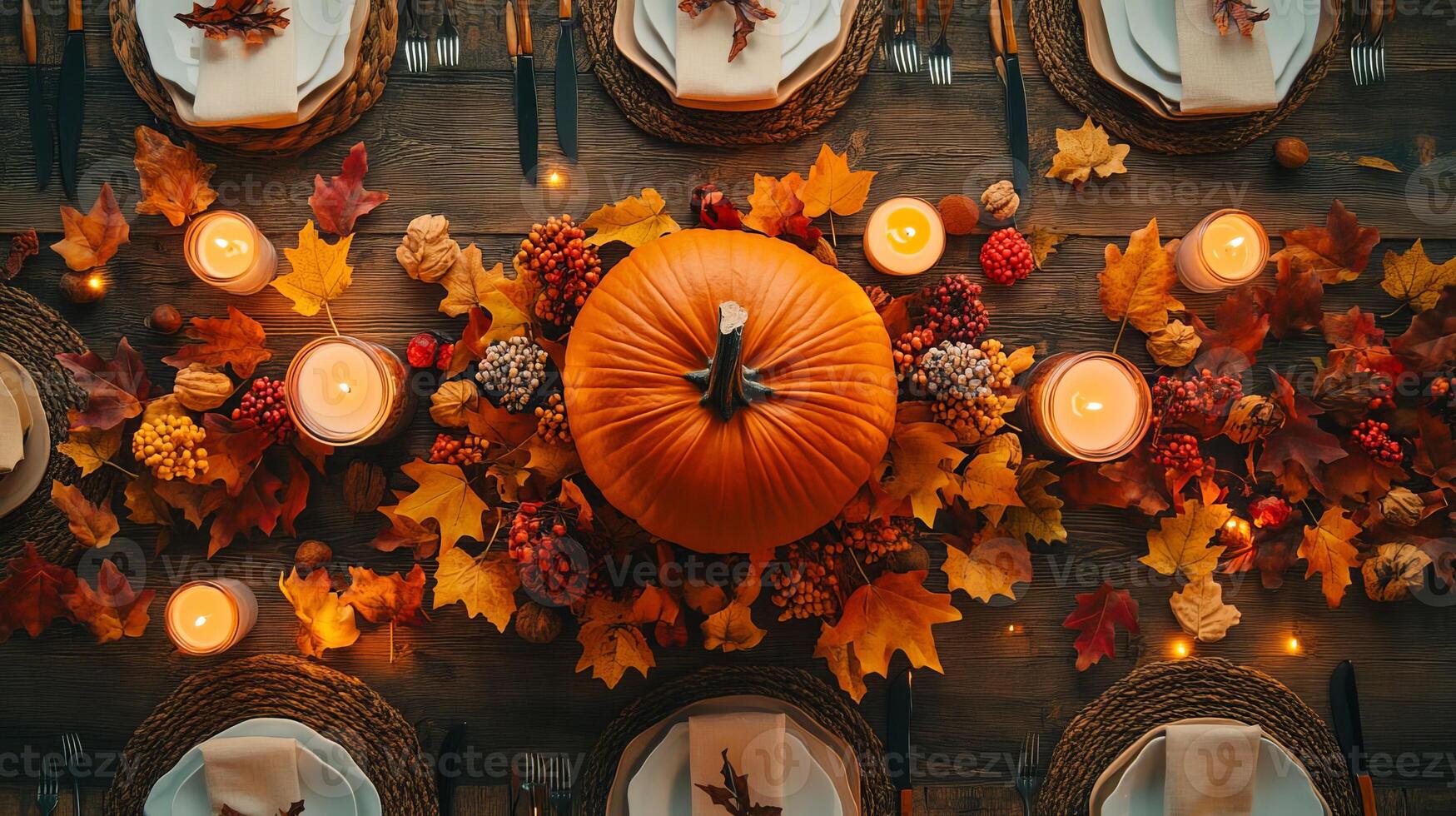 Autumnal Thanksgiving Table Setting with Pumpkin and Candles photo