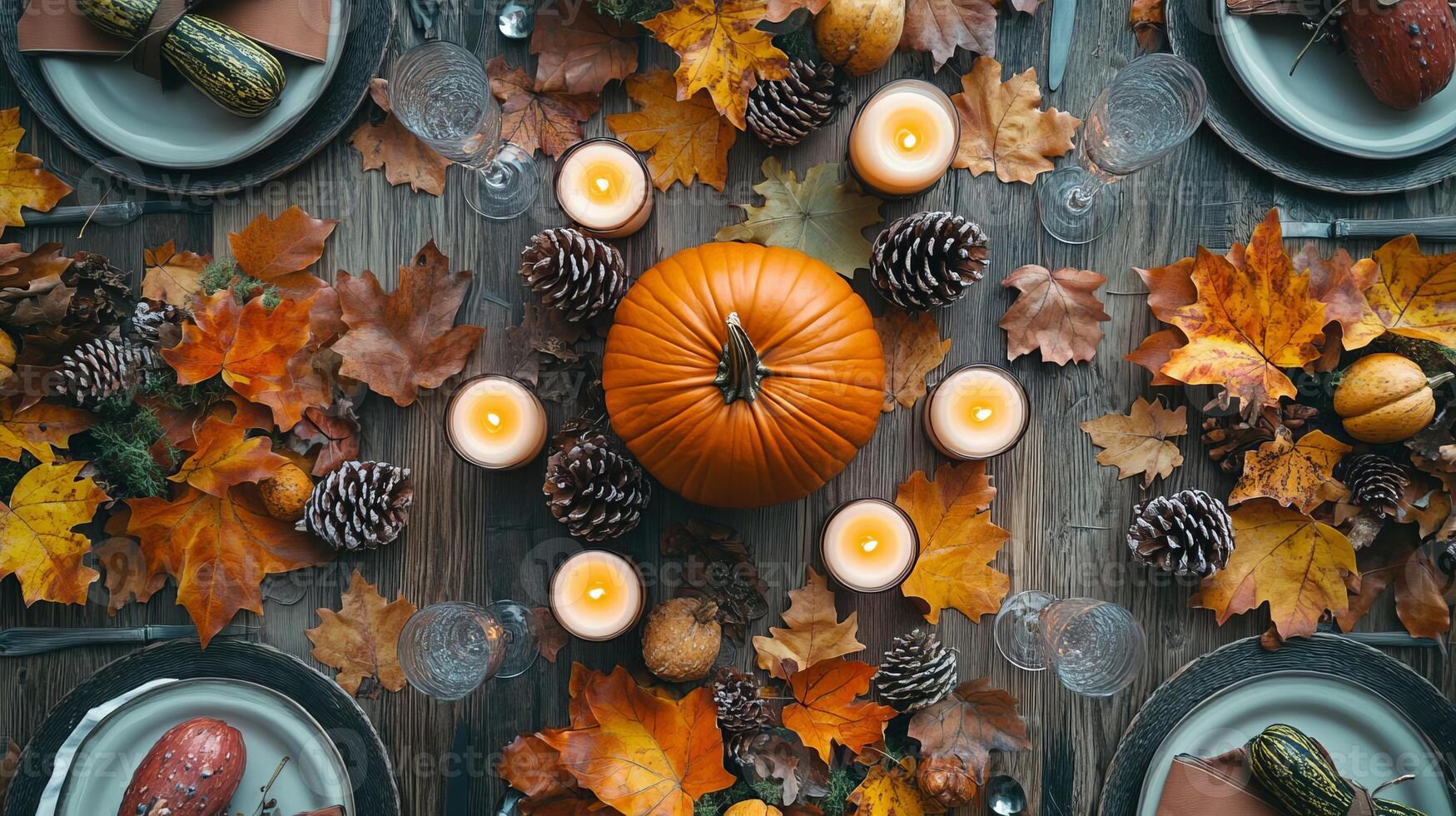 Autumn Table Setting with Pumpkins Candles and Fall Leaves photo