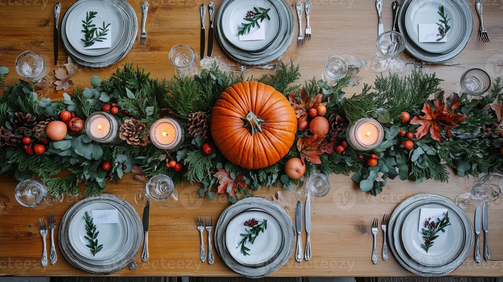 Rustic Thanksgiving Table Setting with Pumpkin Greenery and Candles photo