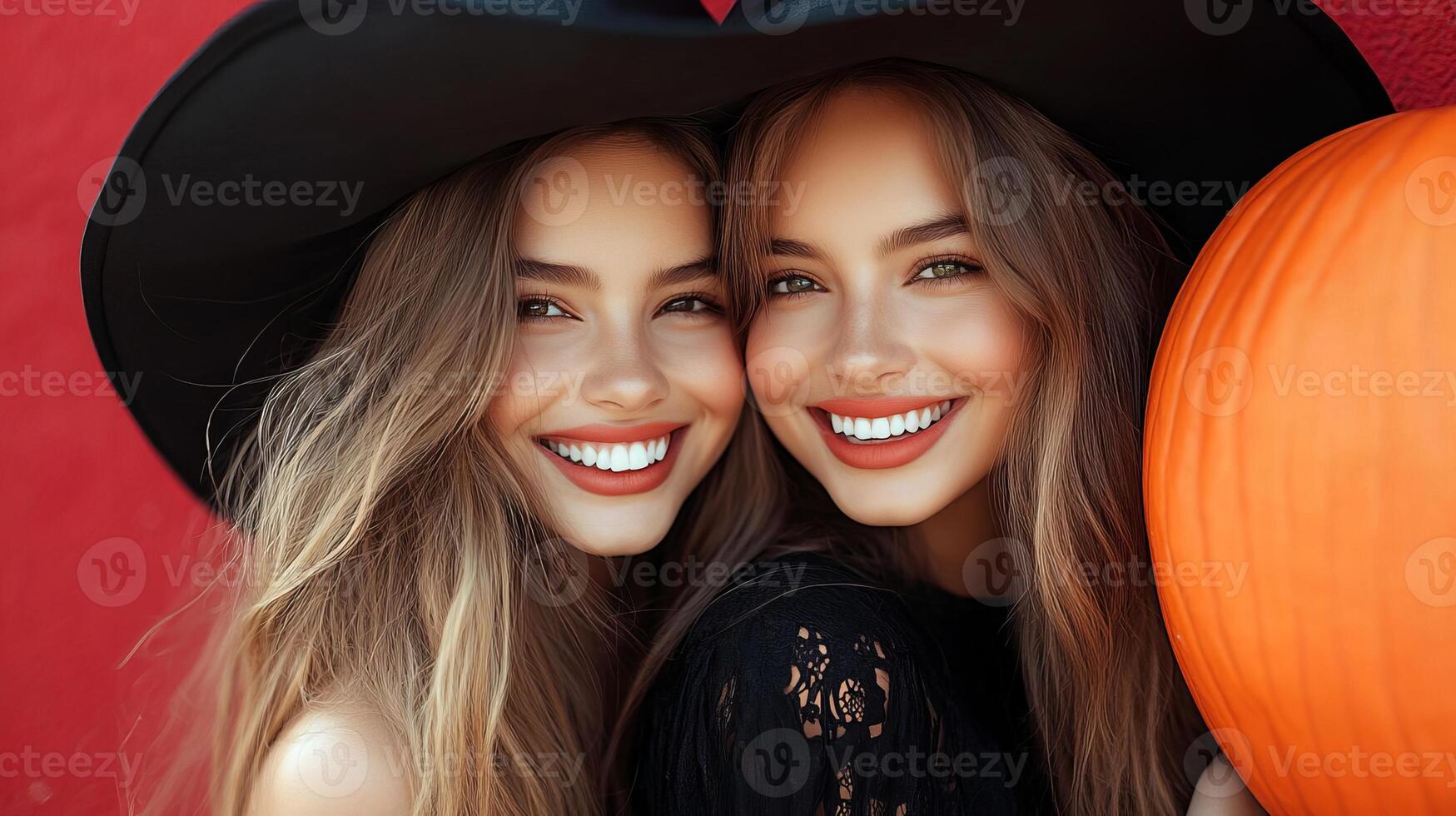 Smiling Women with Pumpkin and Hat Against Red Wall photo