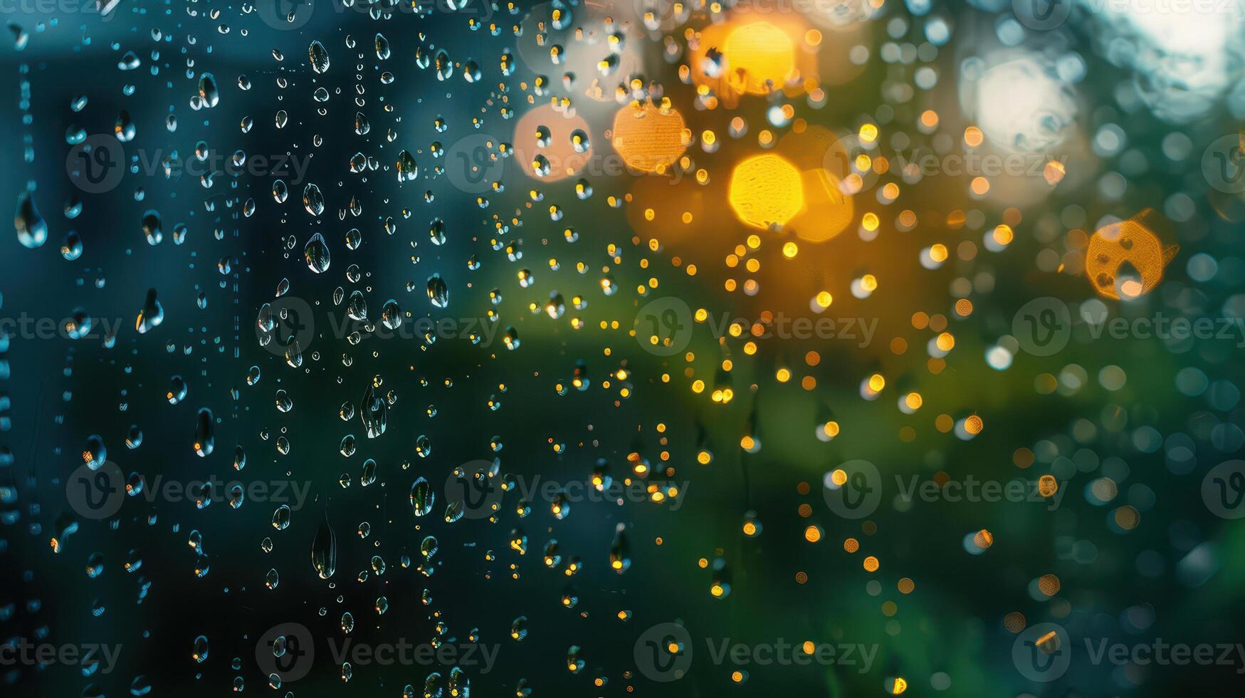 Rainy window with bokeh lights abstract macro photography of water droplets on glass photo