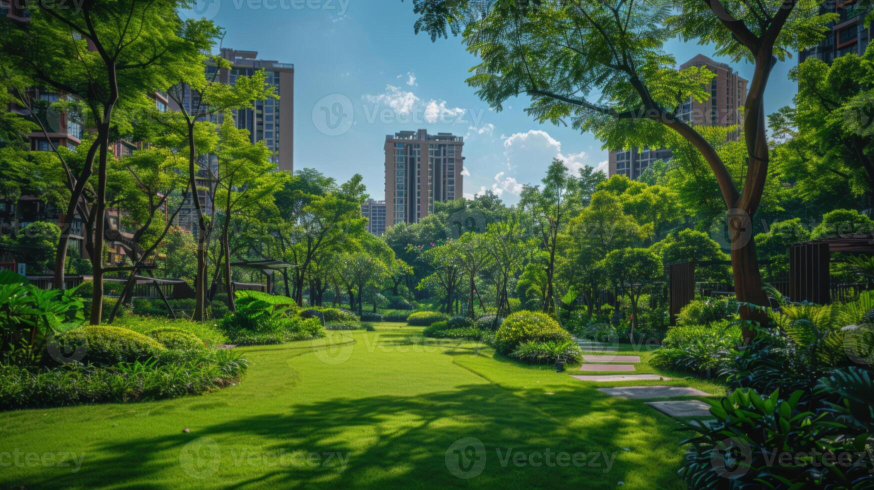 Green urban park surrounded by modern highrise buildings on a sunny day photo