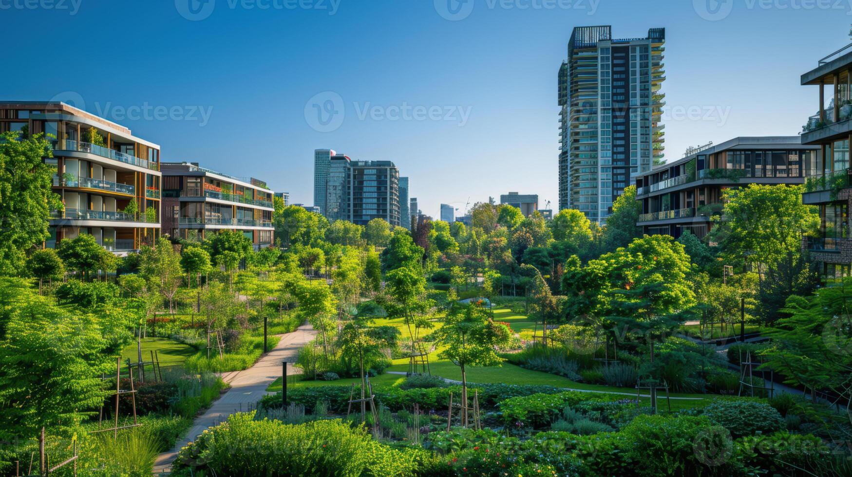 Modern urban park surrounded by contemporary highrise apartments and green landscapes photo