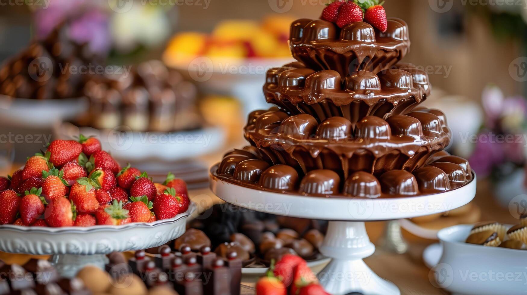 Decadent chocolate fountain with fresh strawberries and gourmet desserts display photo